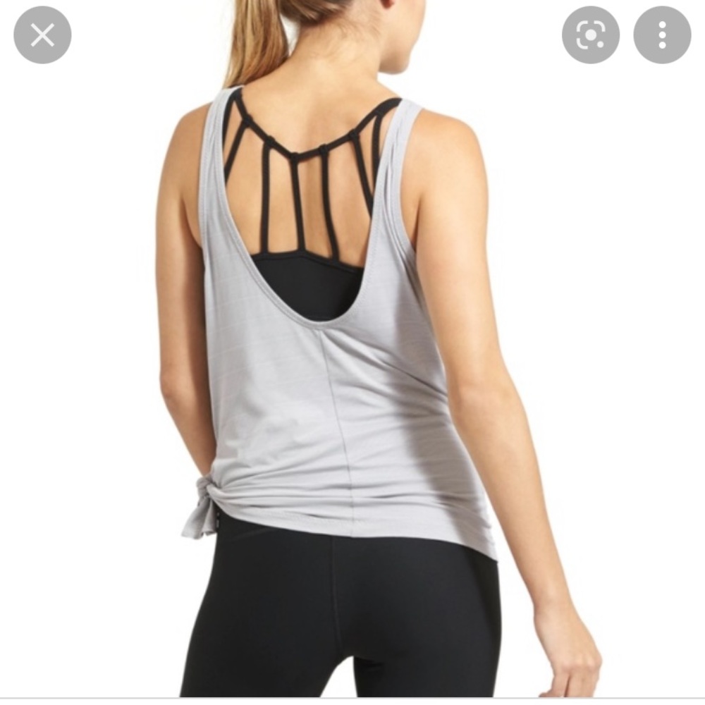 Athleta Light Gray Open-Back Tank with Black Strappy Shelf Bra
